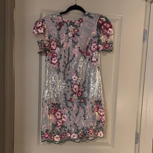 Sequined mini with floral appliqué